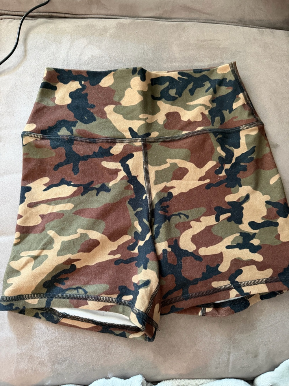 Fleo Camo High-Waist Workout Shorts - Green, Brown, Tan, Black